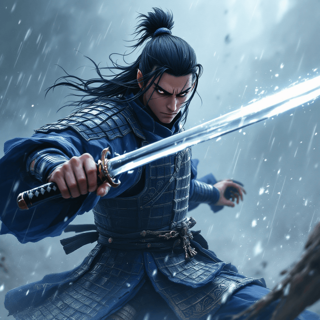 AI generated: tobirama senju the 2nd hokage  from Naruto In his blue samurai armor in a battle scene with his kuna...