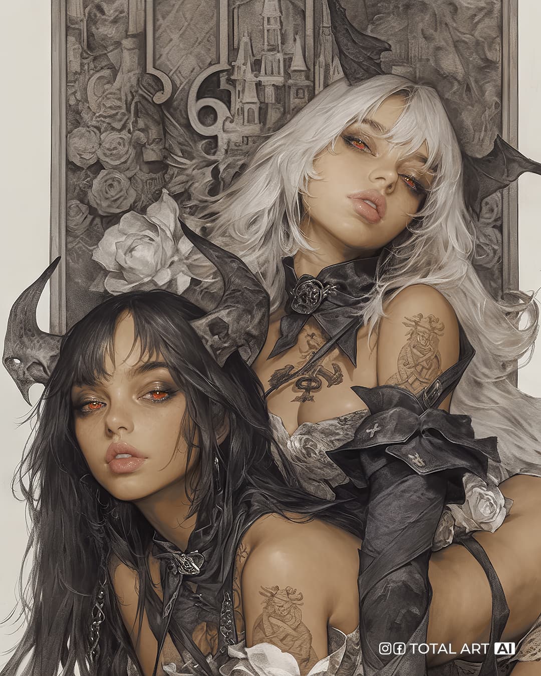 AI generated: Comic book cover, full body shot, bottom view, low angle of two young beautiful gorgeous supermodel ...