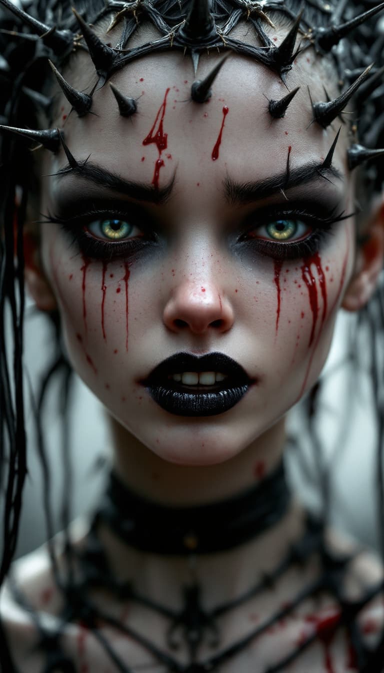 AI generated: 3d model, a beautiful skinny furious goth girl with a crown of thorns, more spikes puncturing her sk...