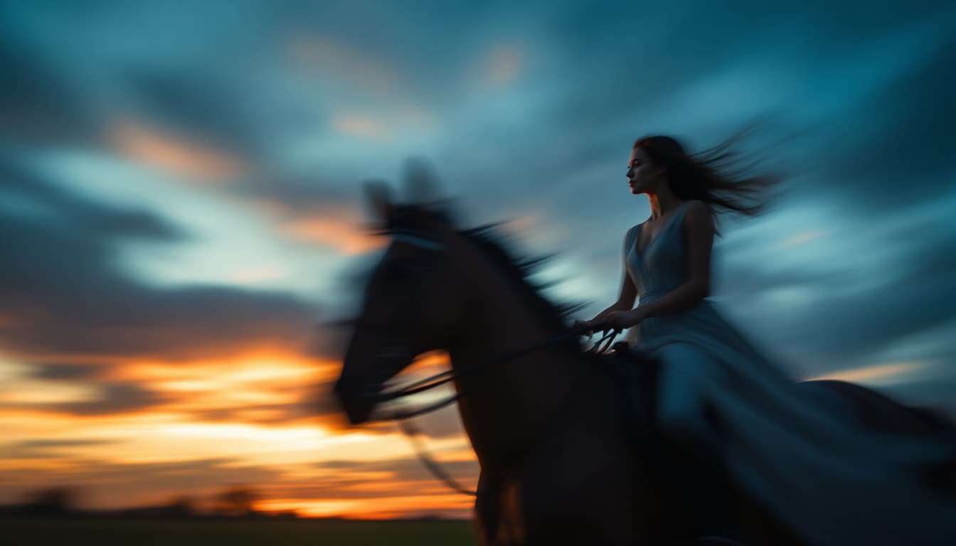 AI generated: ,long exposure photo of a woman on horse, blurred edges, realistic soft colors,slow shutter speed mo...