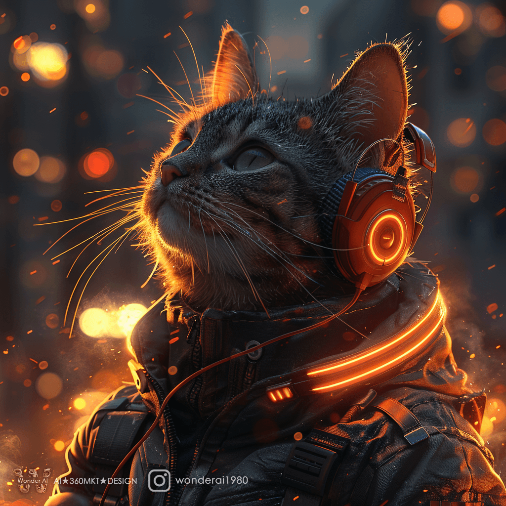 AI generated: real cat with headphones in the style of cyborg, cyberpunk landscape with an orange and black color ...