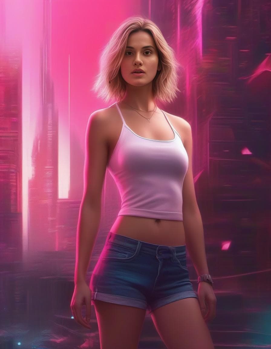 AI generated: Sexy blonde girl wandering alone, Lost in thought, scenic advanced alien mega city, seeking solace, ...