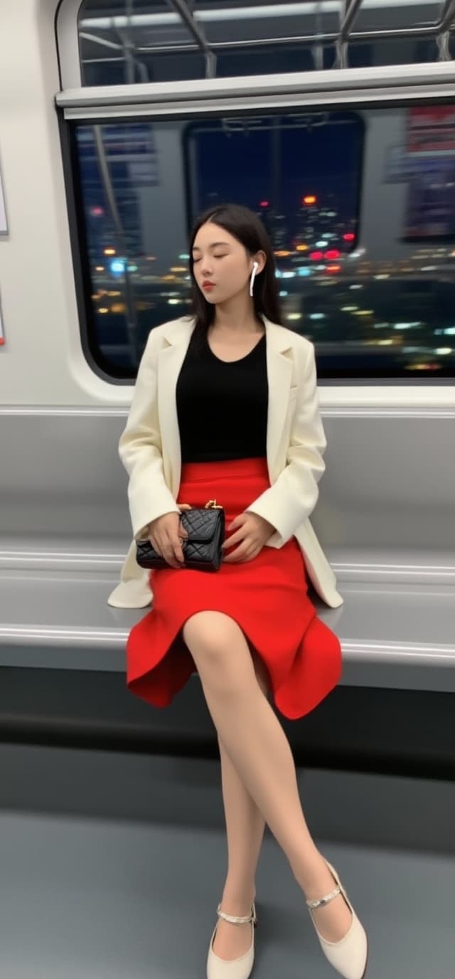 AI generated: A photo-realistic shot of the uploaded woman in a red mini skirt, black top and light jacket, seated...