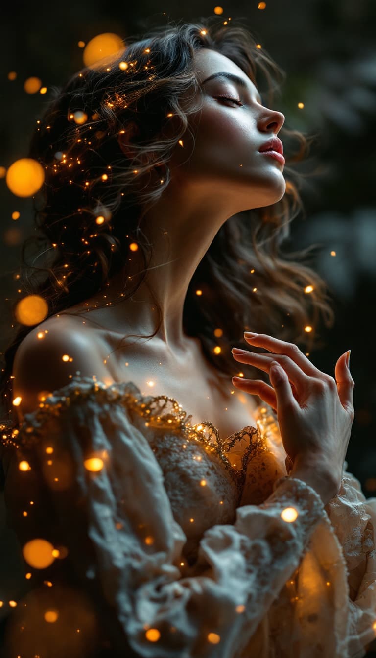 AI generated: An ultra-realistic photograph of a surreal fusion of human and instrument: a female acoustic guitar,...