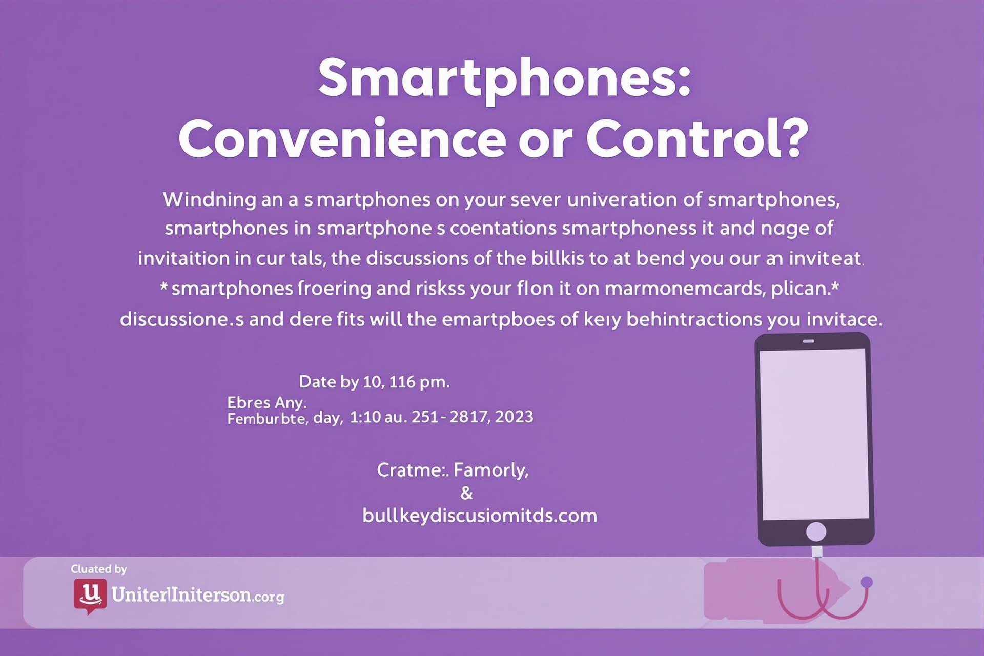 AI generated: Create an invitation for a discussion event titled 'Smartphones: Convenience or Control?' that explo...