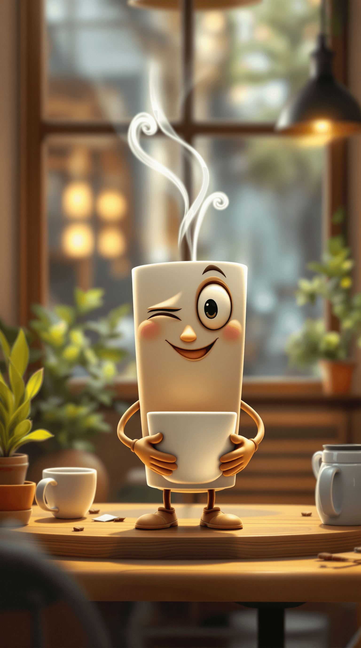 AI generated: a cartoon animated coffee cup, designed as animated character from the 20´s years, standing with wit...