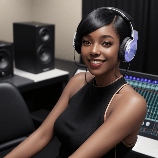 AI generated: Beautiful black woman with short modern hairstyle sitting in a radio station studio. she is wearing ...