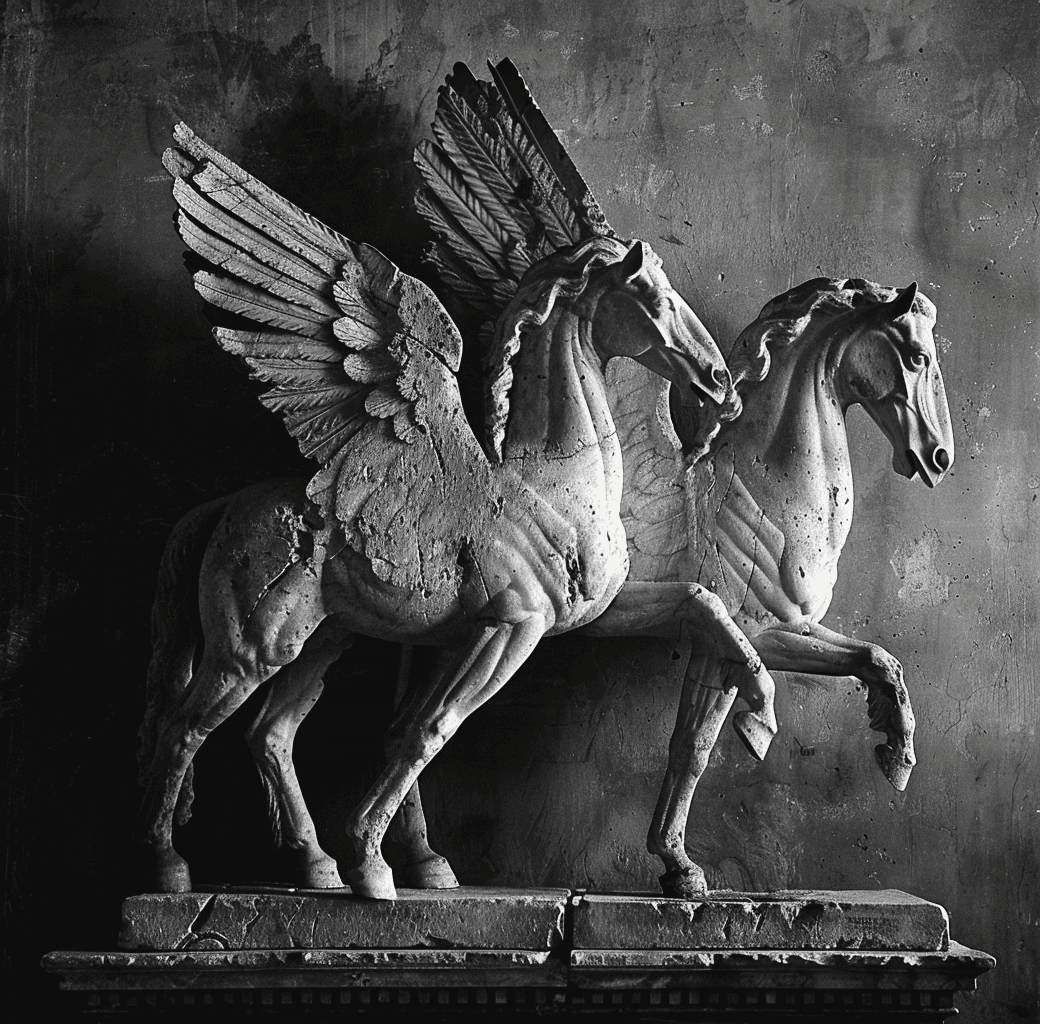 AI generated: black and white photograph of an ancient greek sculpture depicting two horses with wings, --ar 64:63