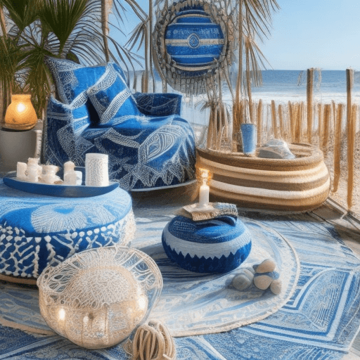 AI generated: Night on the beach with a boho bohemian terrace in blue and white tones with a round armchair and cu...