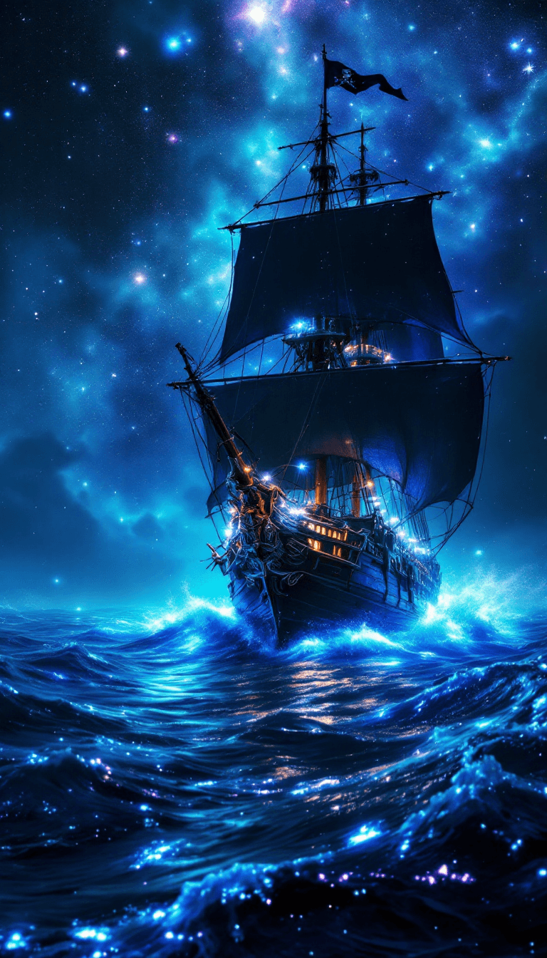 AI generated: An **epic, ultra-high-definition 4K scene** of a **majestic pirate ship**, its **towering black sail...