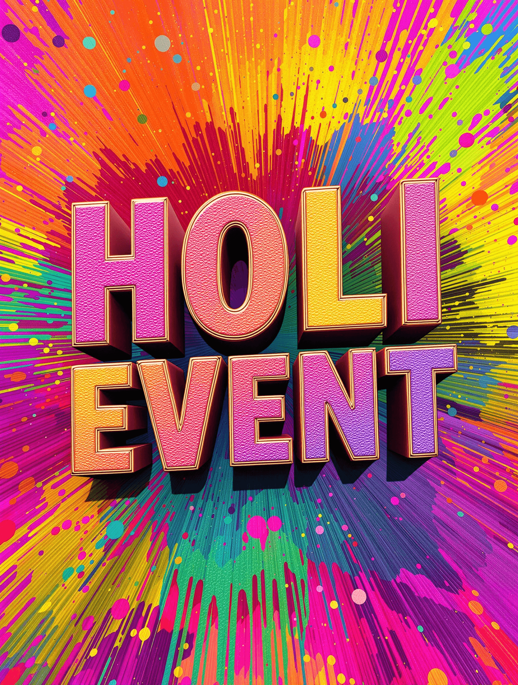 AI generated: Colorful 3D text, "HOLI EVENT," in vibrant, textured capital letters.  Letters are rendered with a t...
