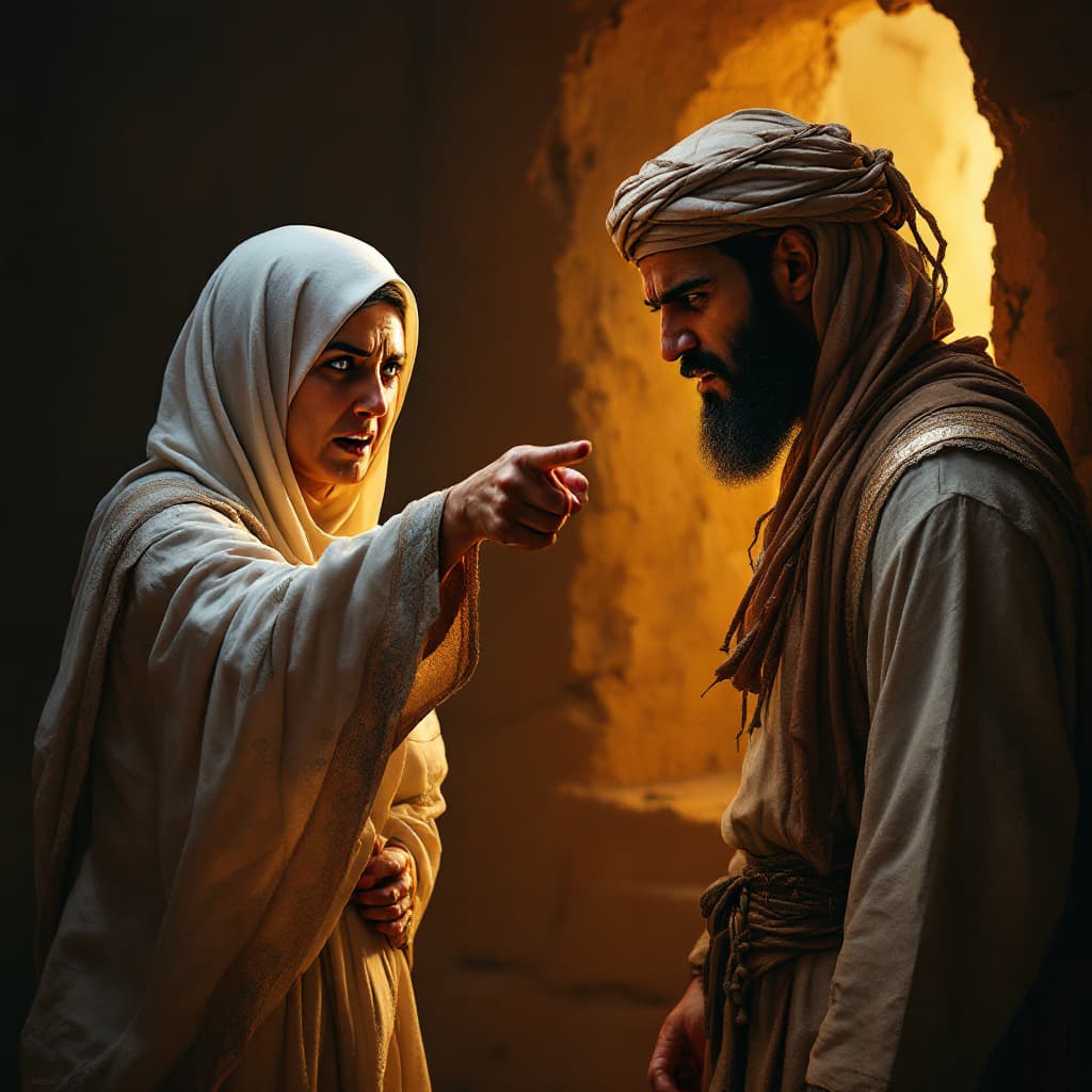 AI generated: Abu Hurairah’s mother is pointing at him with an angry expression, her face full of frustration and ...