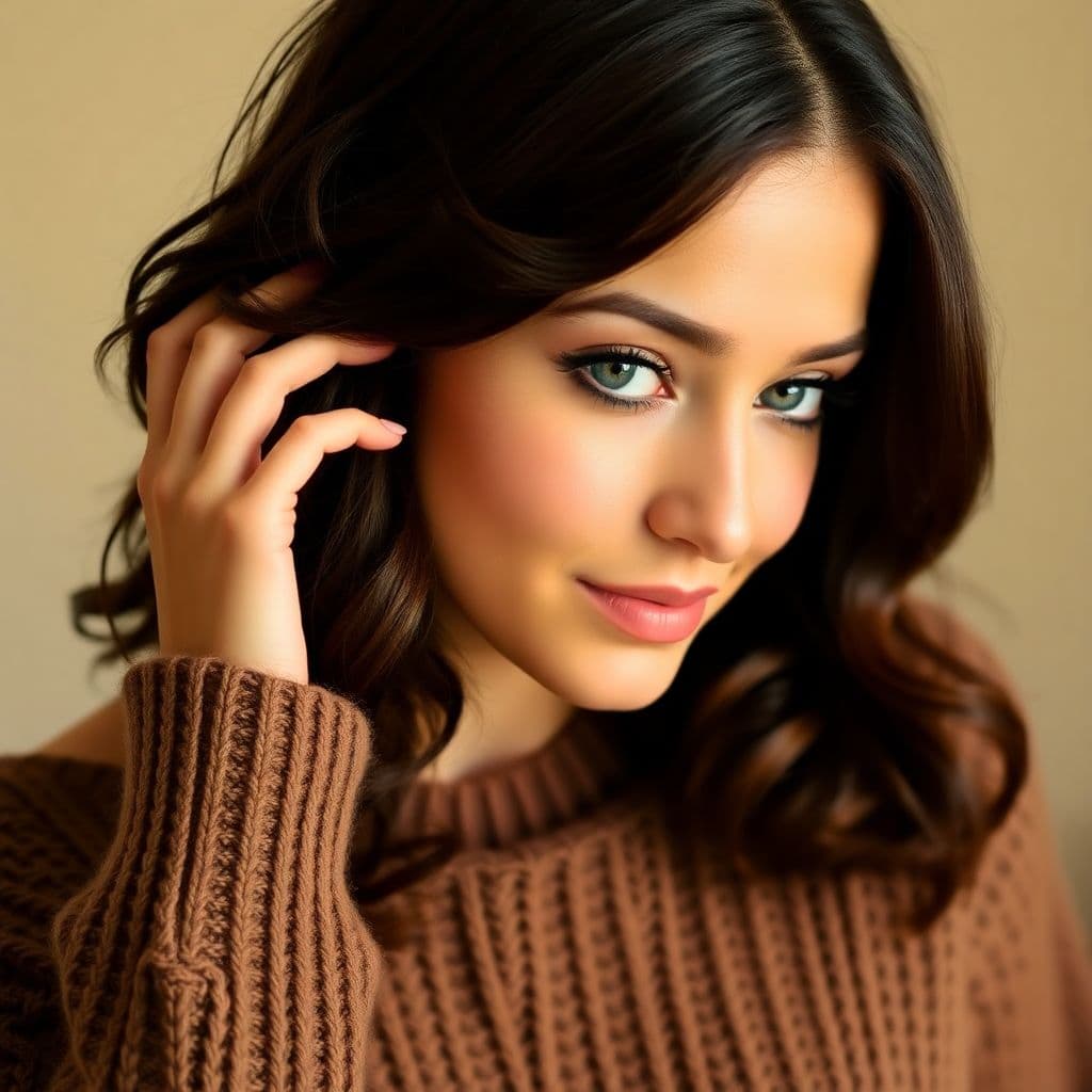 AI generated: A woman with wavy dark brown hair, wearing an off-shoulder oversized brown knit sweater. She gazes s...