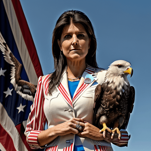 AI generated: nikki haley petting a large eagle with a red right wing, a blue left wing, vertical red and white st...