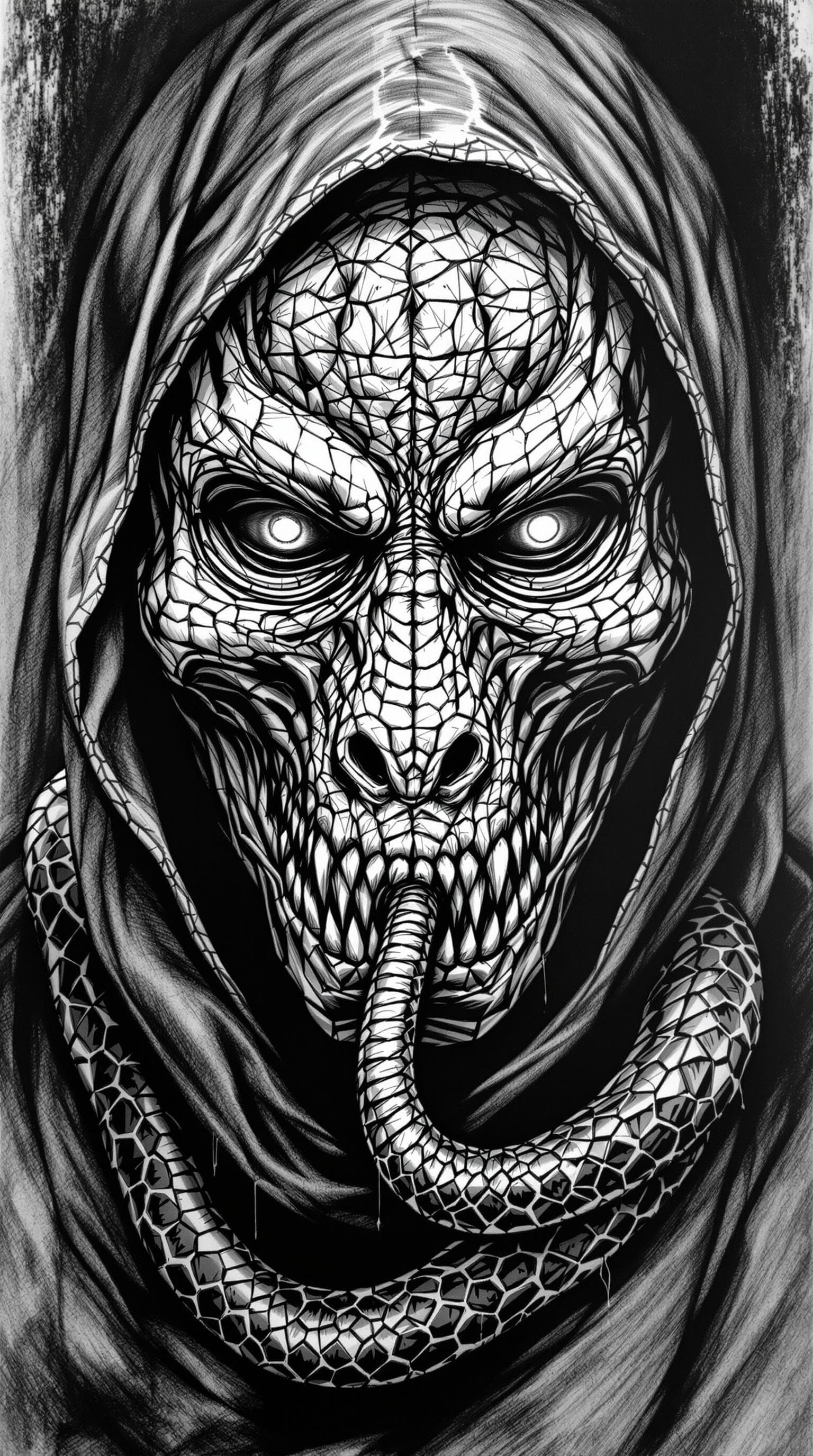 AI generated: A snake covered in a mask, explicit, dark style, black and white pencil drawings,