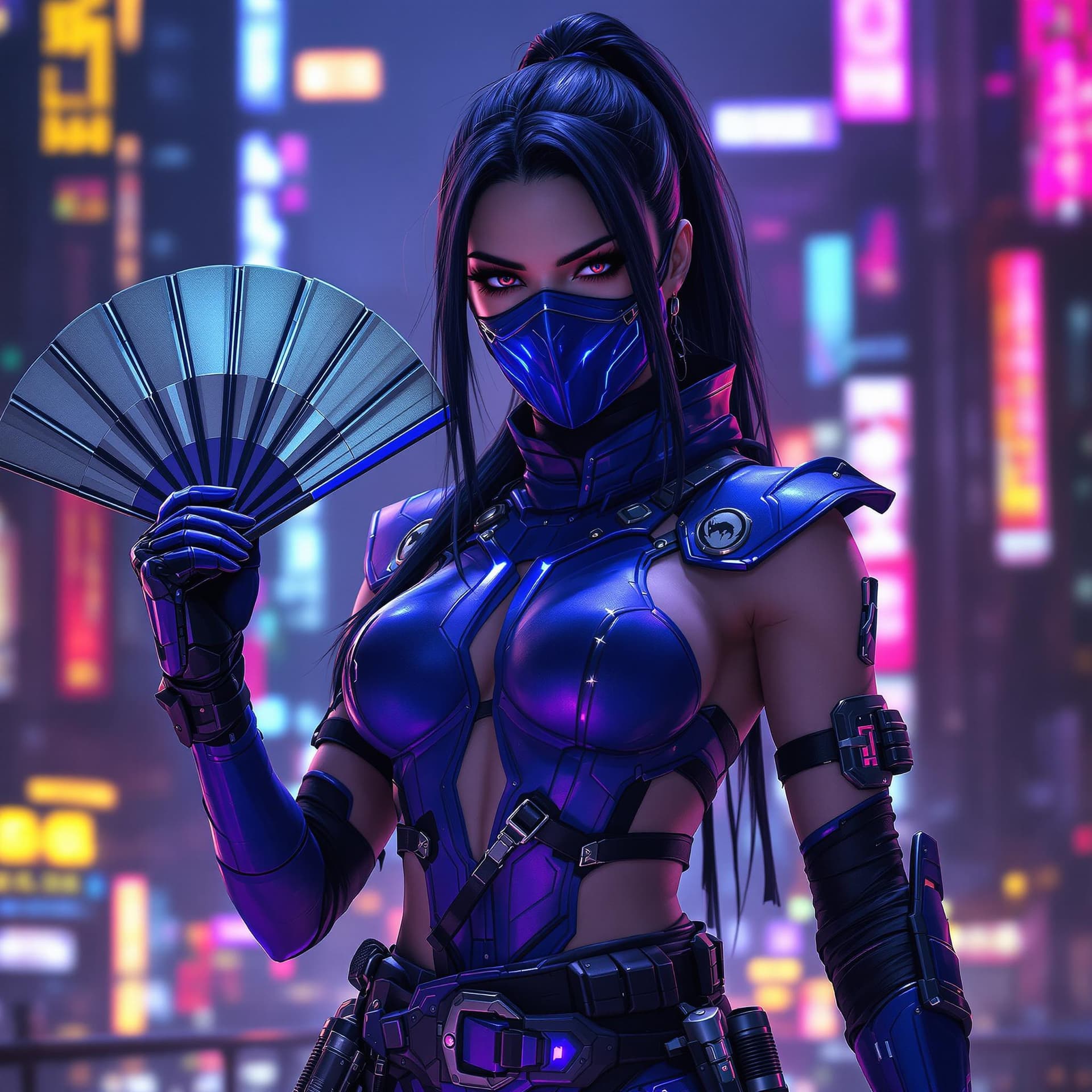 AI generated: Kitana from Mortal Kombat in a cyberpunk warrior outfit. She poses confidently, wearing a sleek blue...