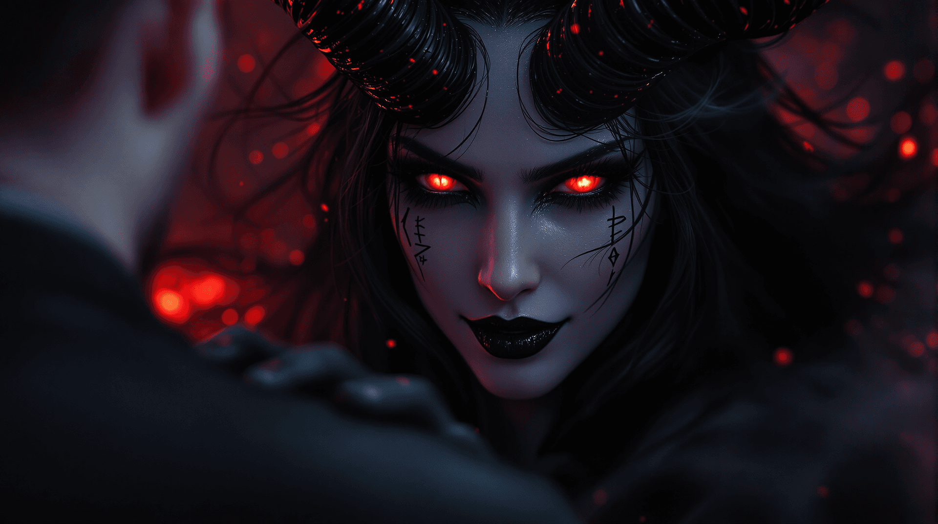 AI generated: Temptress of darknes - Lilith: A seductive female demon queen in a dramatic close-up portrait, remin...