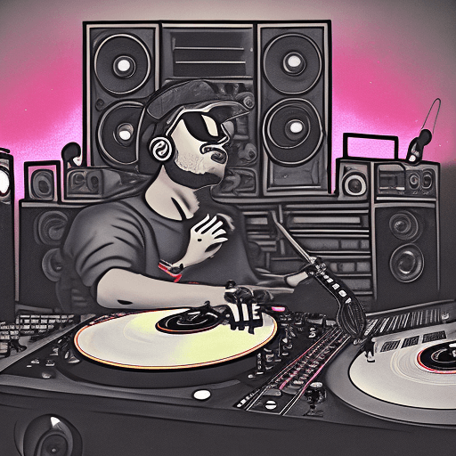 AI generated: The image features a dimly lit, underground music studio enveloped in a haze of smoke, with various ...