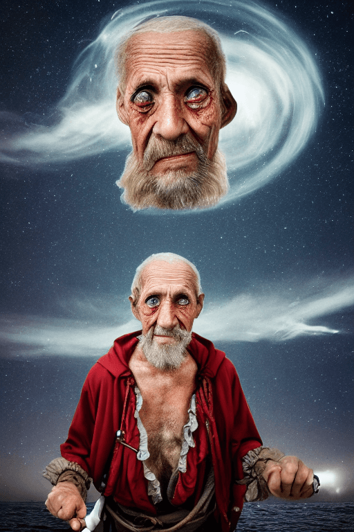 AI generated: full body 3/4 turn,head to toe image ,elderly 40 years old pirate staying on deck of submarine looki...