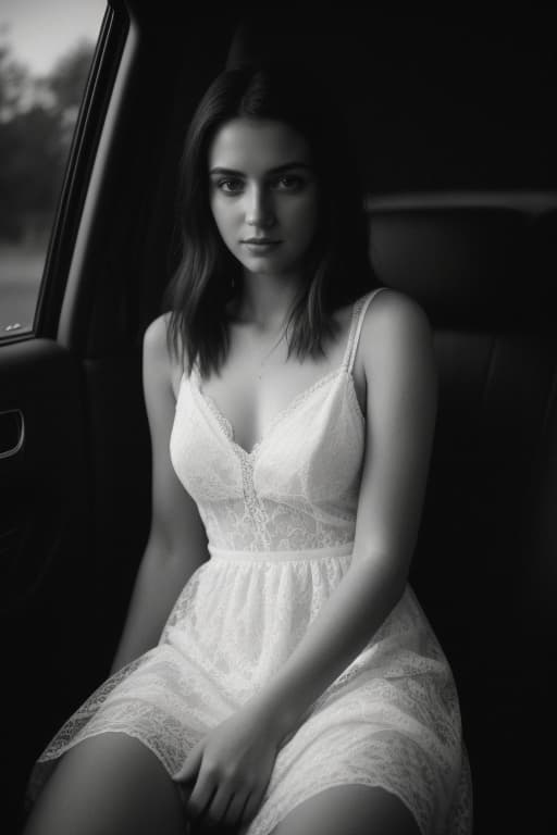 AI generated: Snap photo of an innocent-looking girl in white lace dress sitting inside a car, in motion, daytime,...