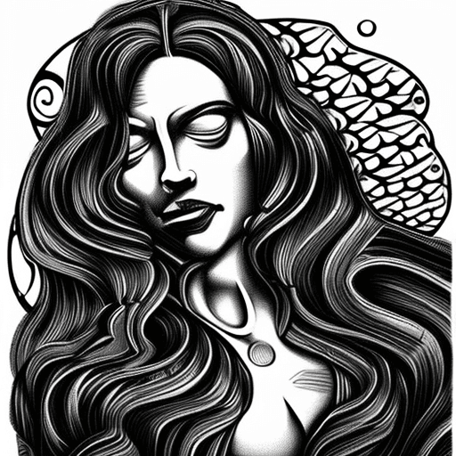 AI generated: black and white illustration in the form of a woman with flowing hair, in the style of martine johan...