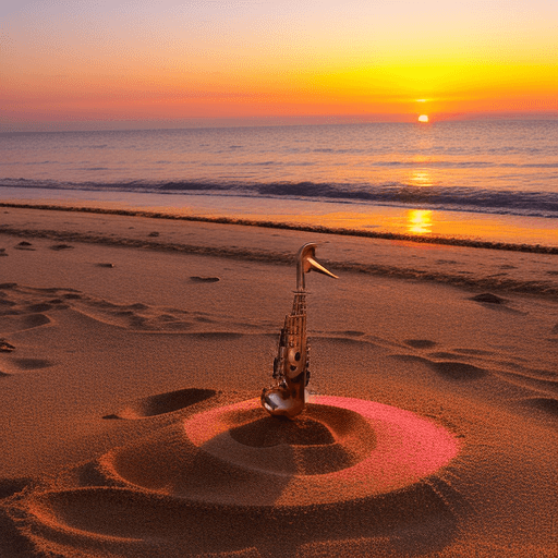 AI generated: sunny beach during a vibrant sunset with hues of orange, gold, and pink. A golden saxophone is parti...