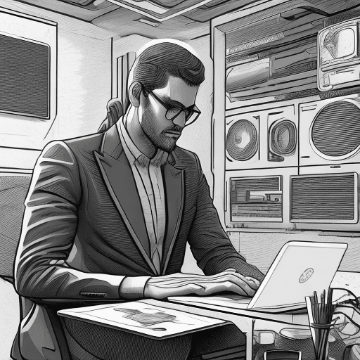 AI generated: A shockingly detailed monochromatic vector illustration of a software developer examining a small la...