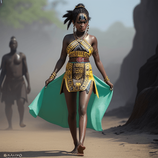 AI generated: black girl in her 20s walking barefoot clutching her traditional dress, angry face, "VUKANI!" text b...