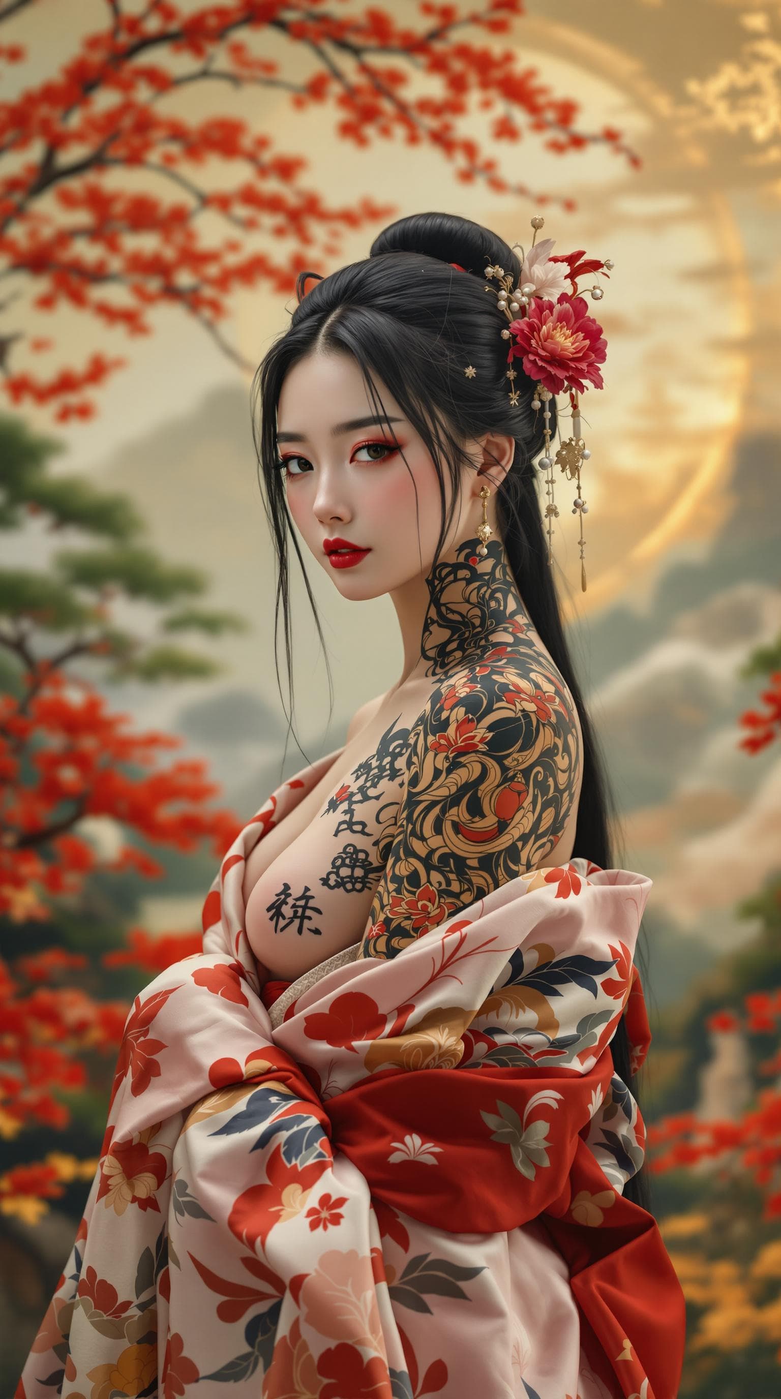 AI generated:  ue de dos, une femme japonaise avec un grand tatooage de grue colorée traditionel, femme japonaise ...