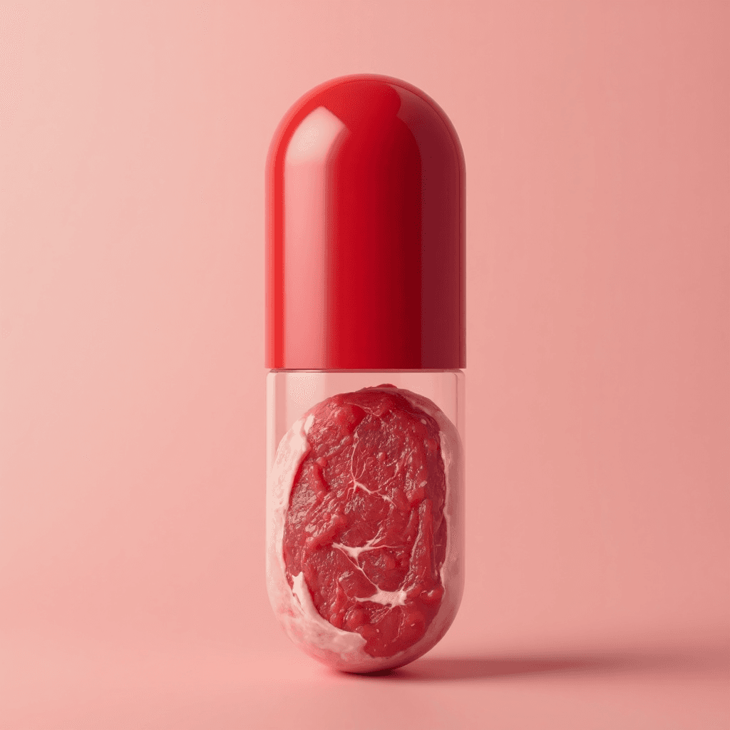 AI generated: high-quality photography of a symmetrical meat-red capsule with a visible cross-section view of fres...