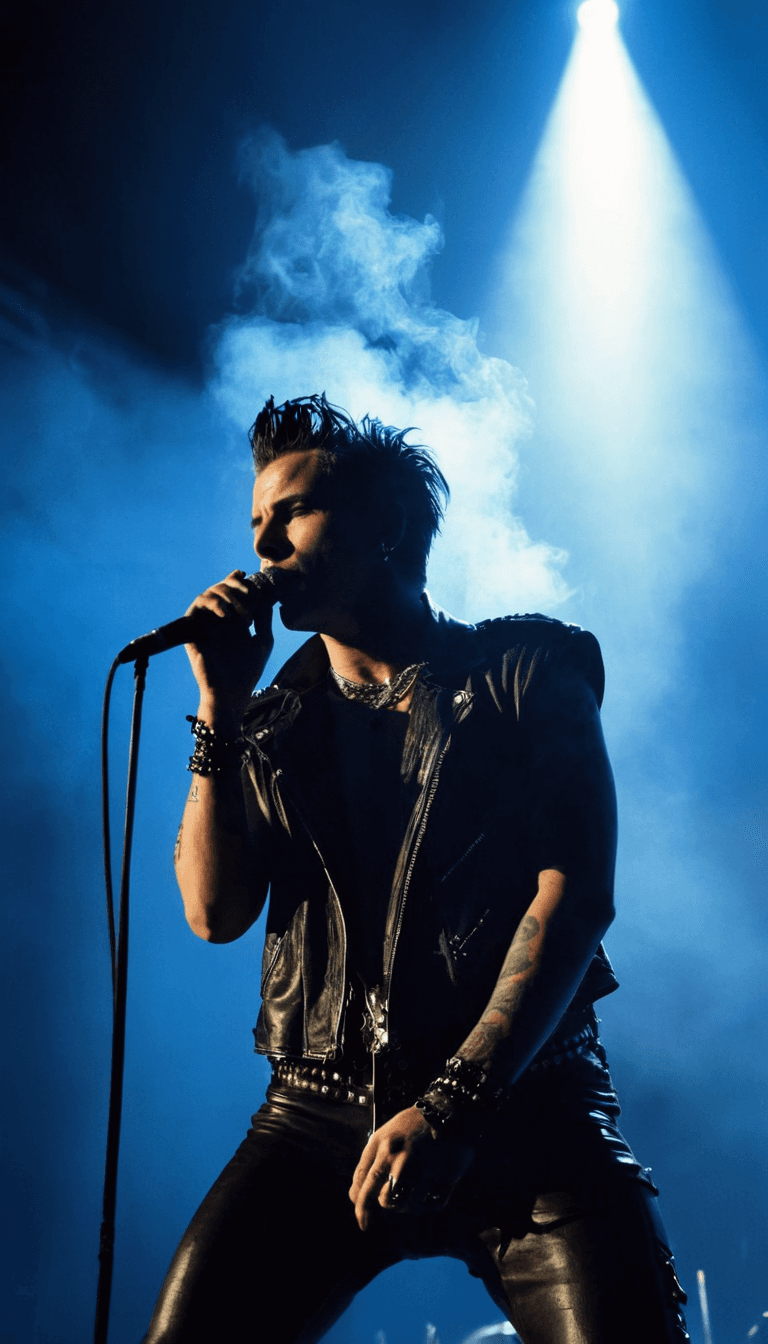 AI generated: A punk rock singer on stage during concert, smoke and blue lights, tatoo, highres, realistic photo, ...