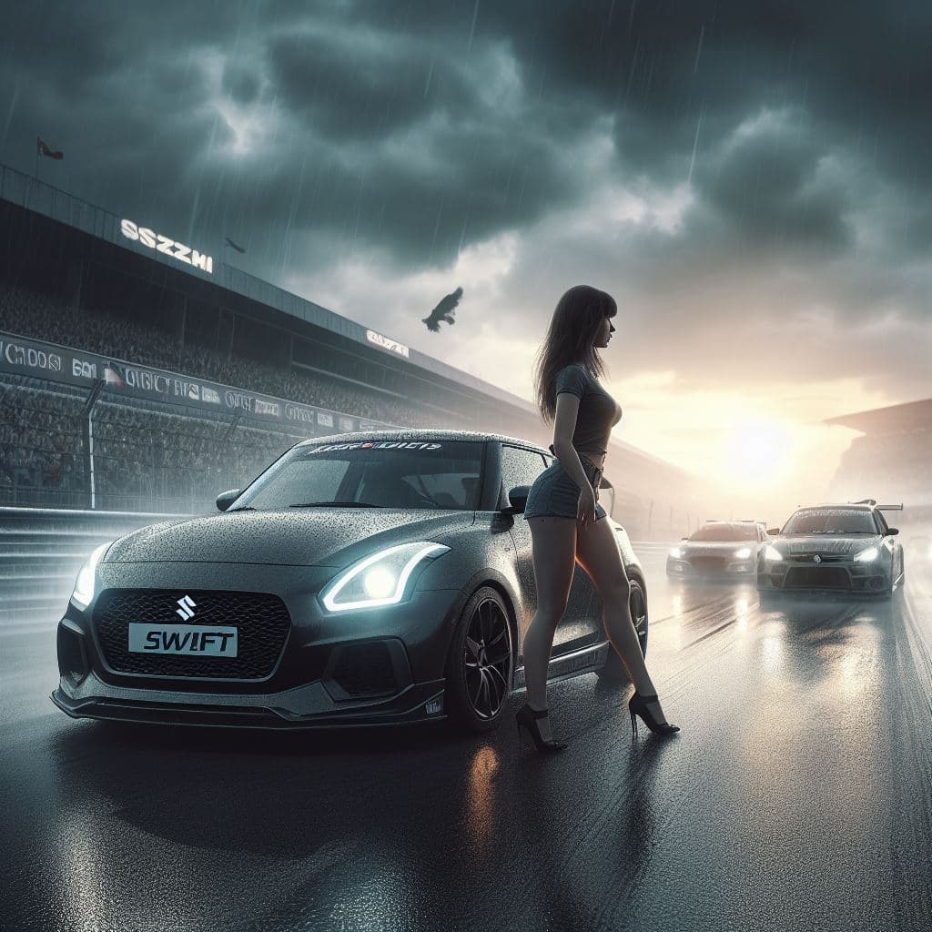 AI generated: Swift and other cars on a race track with horrible weather and a realistic girl in the background