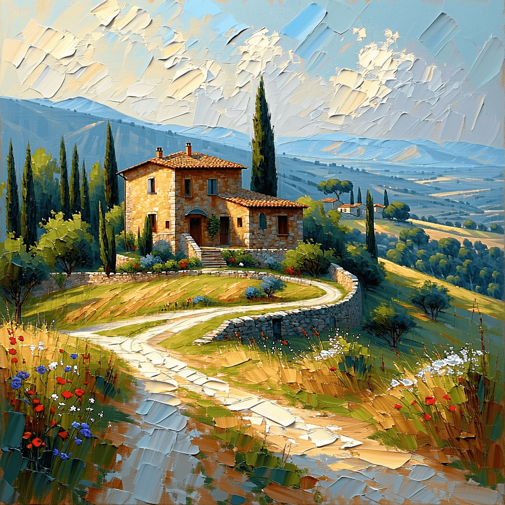 AI generated: impressionist painting on canvas of Tuscany, beautiful landscape with Tuscan farmhouse, in the style...