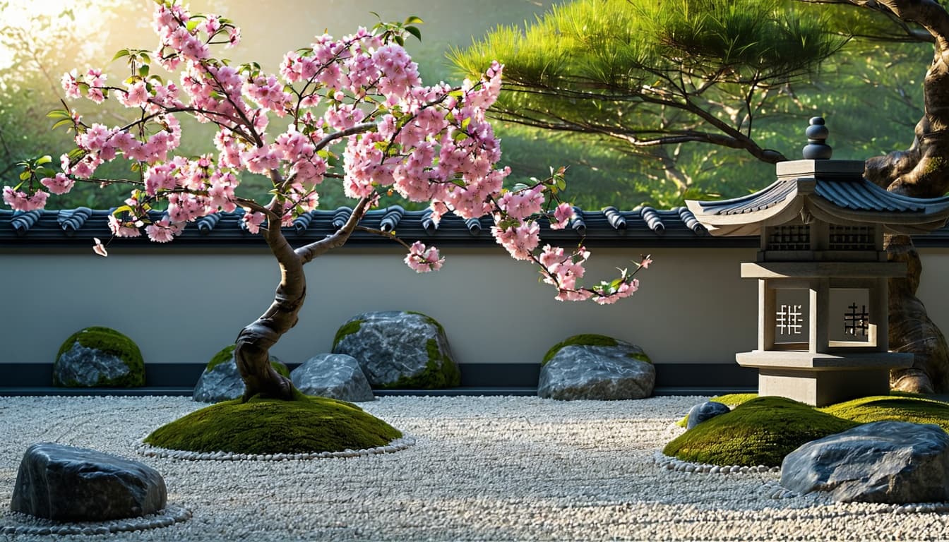 AI generated: Envision a tranquil Zen garden at sunrise, with a single cherry blossom tree in full bloom, surround...