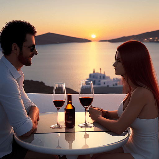 AI generated: Ultra-realistic photo of a glass of red wine served from a bottle, on a table on a terrace in Mykono...