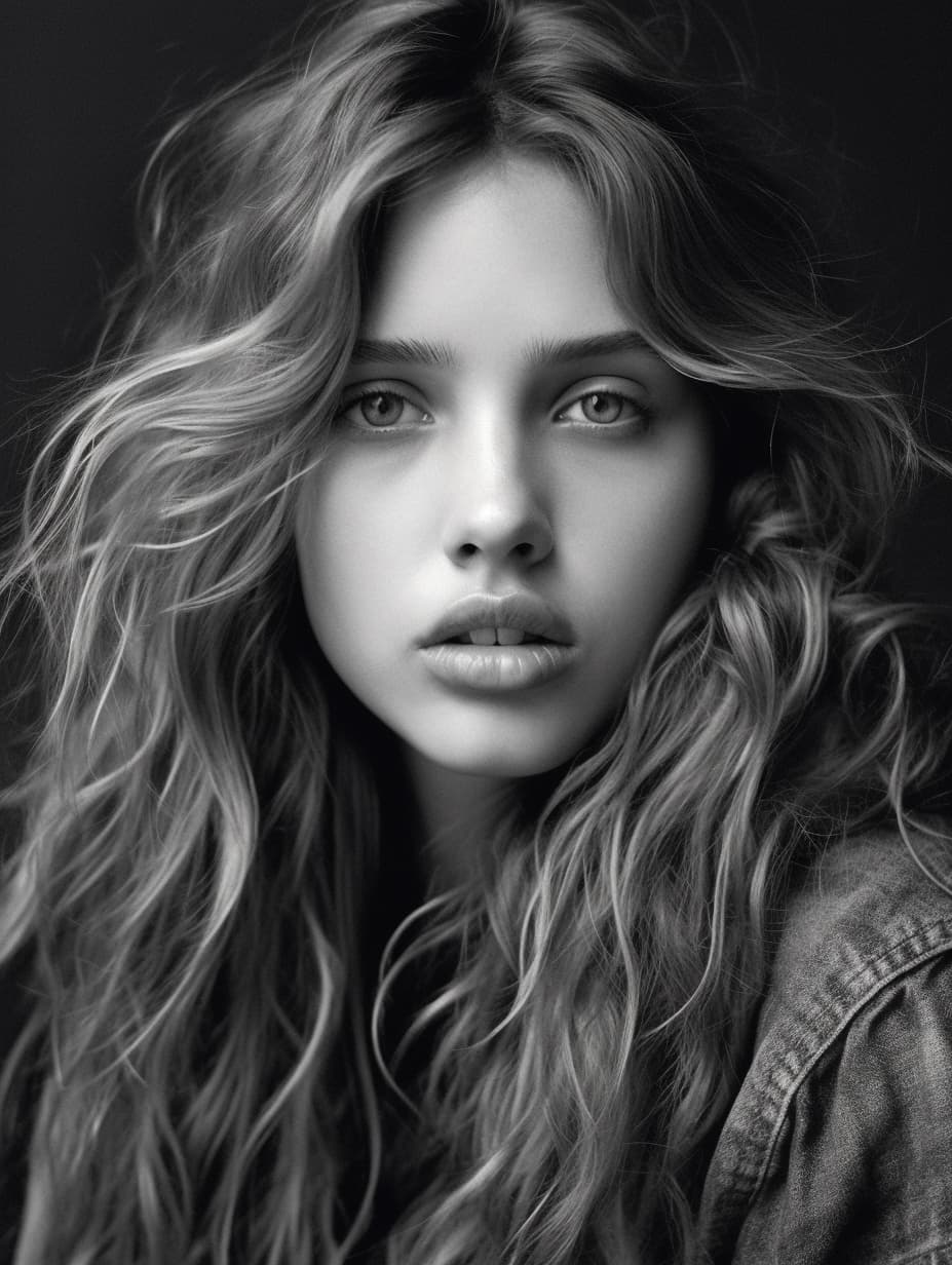 AI generated: a black and white photo of a woman with long hair, tumblr, fae teenage girl, young scarlett johansso...