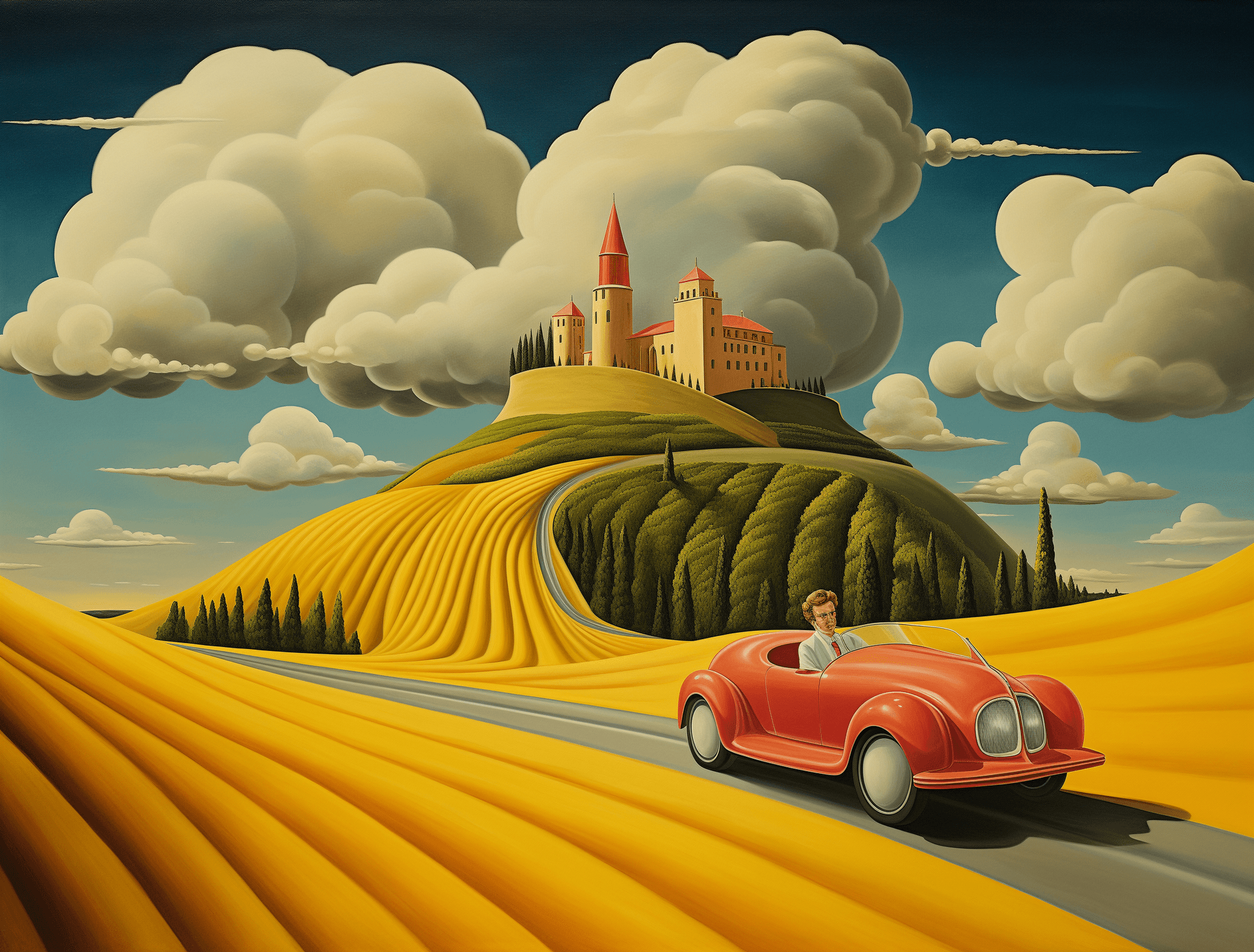 AI generated: A surrealist painting of an Italian vineyard with winding roads, hills and clouds. A car is driving ...