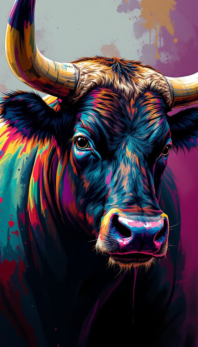 AI generated: series of a fighting bull with, modern portrait series of a nelore cattle in colorful wear, in the s...