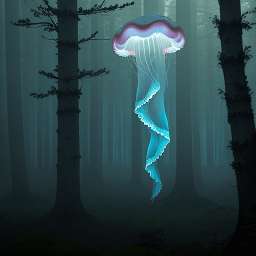 AI generated: 3 jellyfish in a foggy forest at twilight.