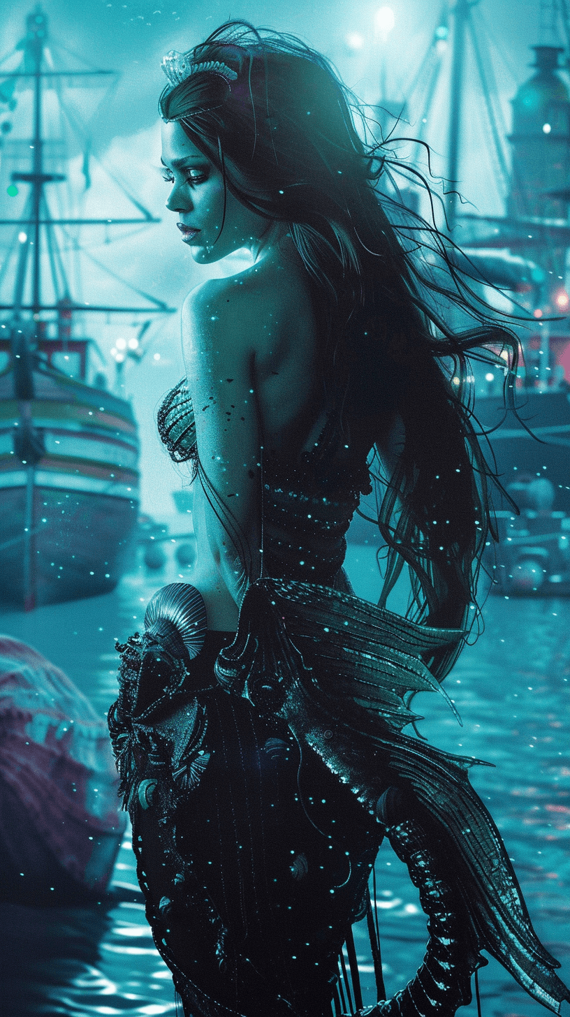 AI generated: a mystical mythical cyberpunk sea siren with a glamourous tail, in a Victorian harbor in a Caribbean...