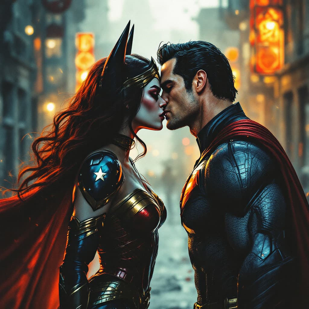AI generated: batman kiss wonder woman and Harley Quinn kiss SUPERMAN