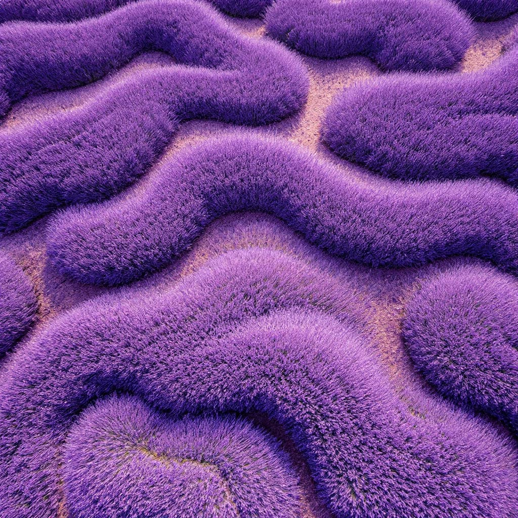 AI generated: “Top-down drone shot of a lavender field in bloom, vibrant purple rows creating wave-like patterns a...