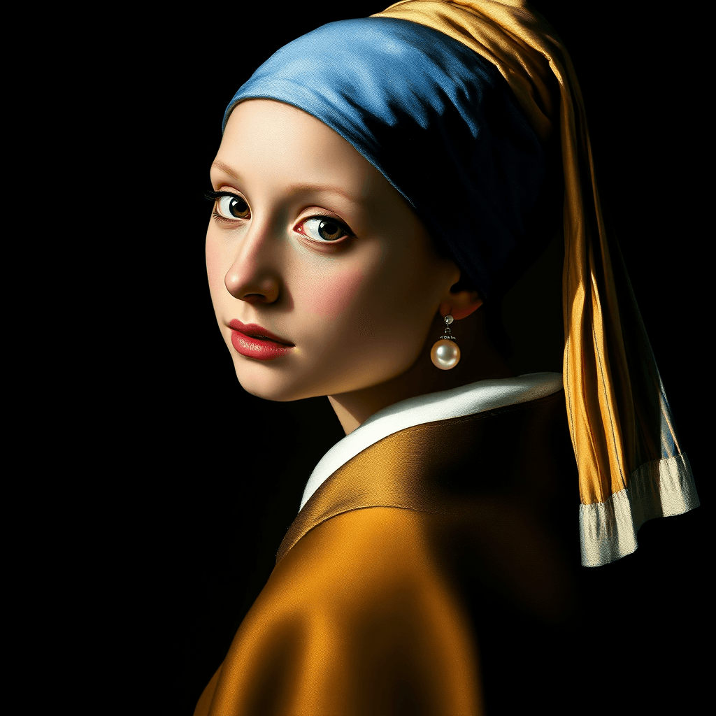 AI generated: One of the most elegant paintings, Johannes Vermeer's 'Girl with a Pearl Earring' is an epitome of t...