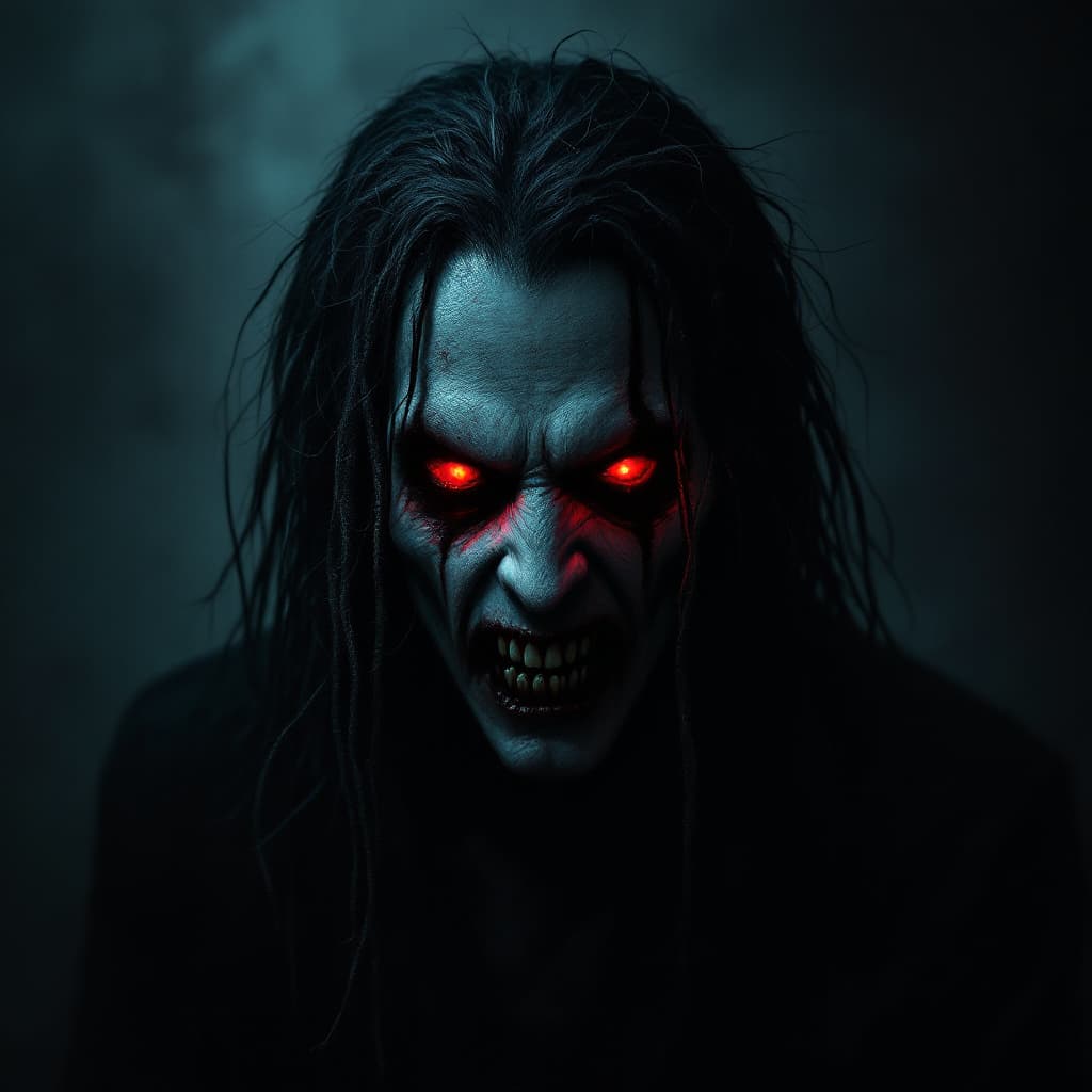 AI generated: in darkness, dark, vampire demonic manl's face, glowing red eyes, long mess hair, disfigured, brutal...