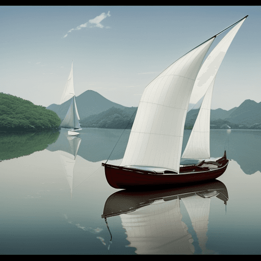 AI generated: AN unconventional boat made from an inverted umbrella ... silk sails, beautiful Japanese landscape b...