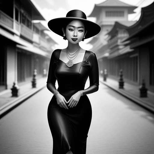 AI generated: In this stunning photograph, we see a 1930's INDONESIAN female influencer captured mid-journey, surr...