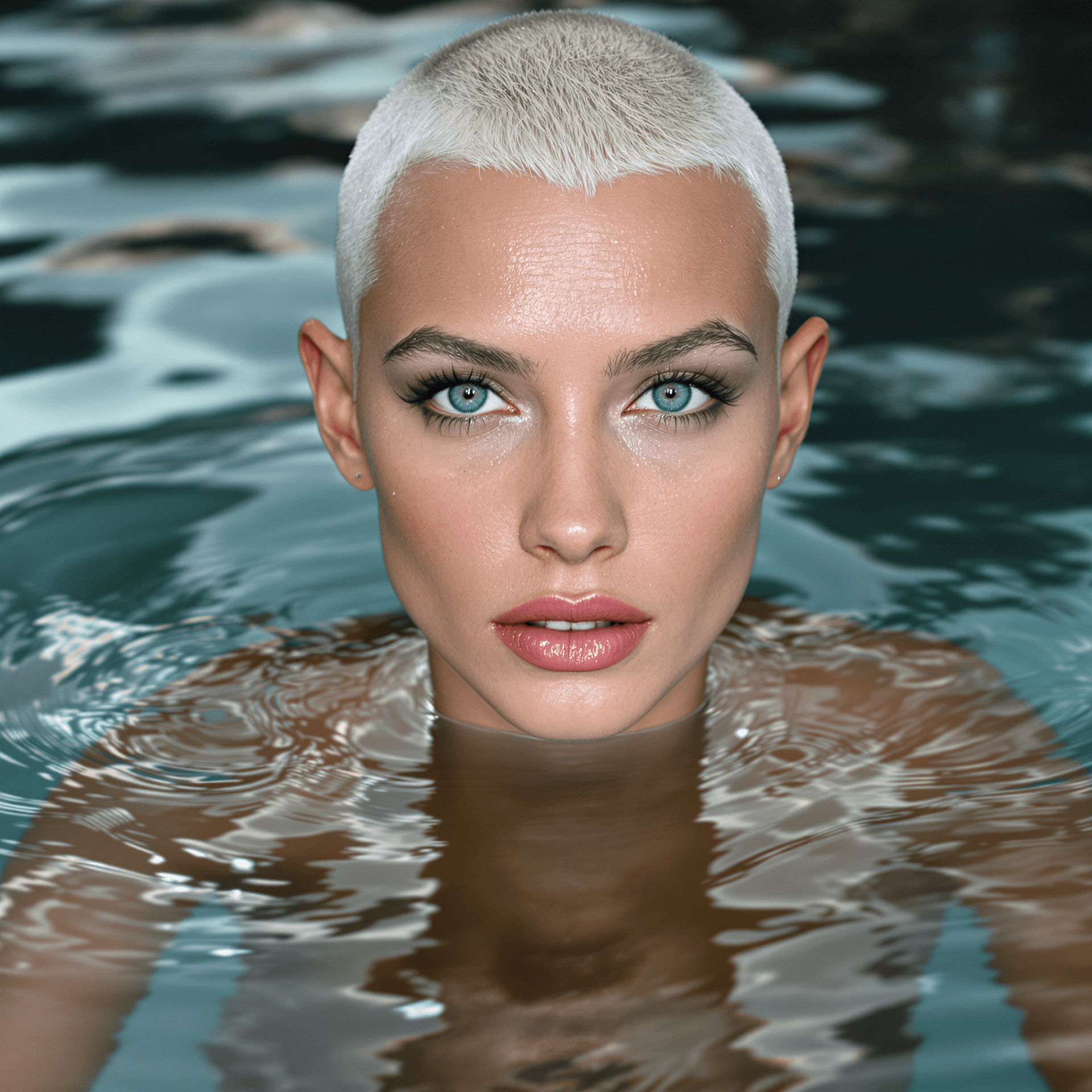 AI generated: A captivating, high-resolution photograph of a graceful, young, and slender woman with a striking wh...