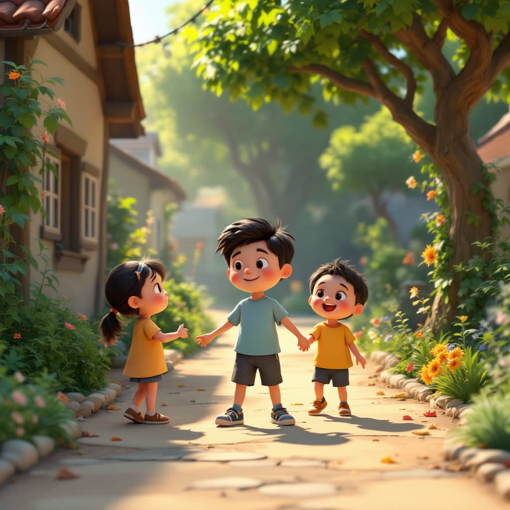 AI generated: kids playing in a village neighbour background, 3d animation, disney inspired --ar 16:9