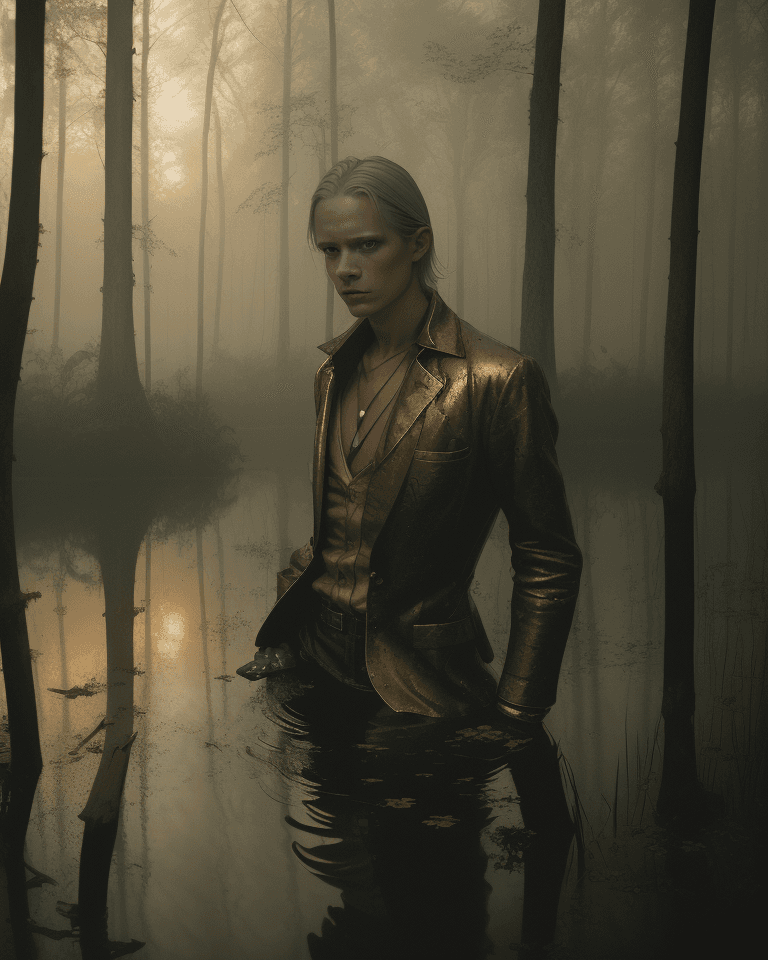 AI generated: dark swamp, sunrise, fog, gold and petrol pattern, by David Hamilton, by Jacques Perrin, by Victor S...