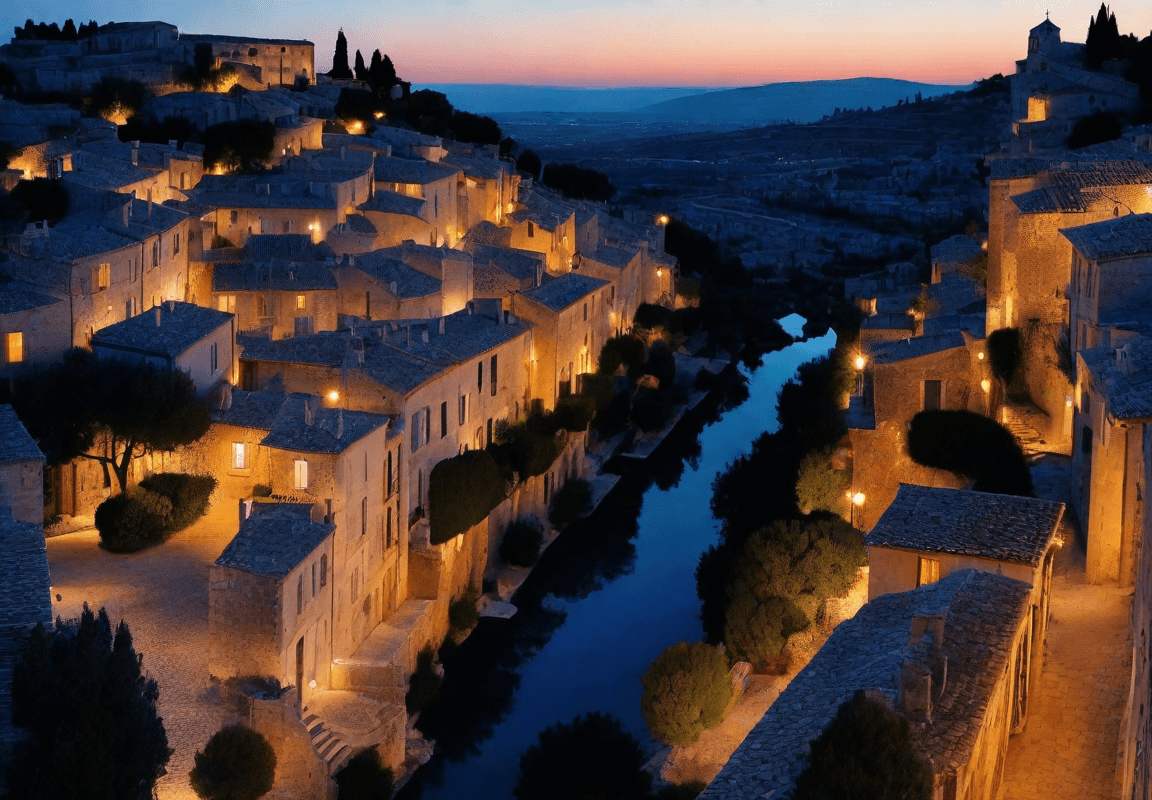 AI generated: A beautiful aerial view of Gordes Provence. One hour after sunset. The street lamps illuminate the s...